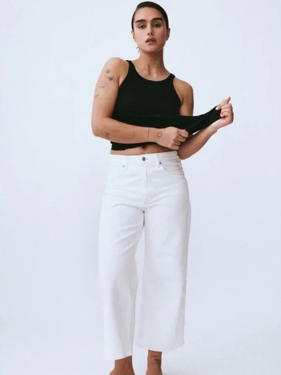 Zara White Ankle-Length Wide Crop Jeans - Picture 2 of 6